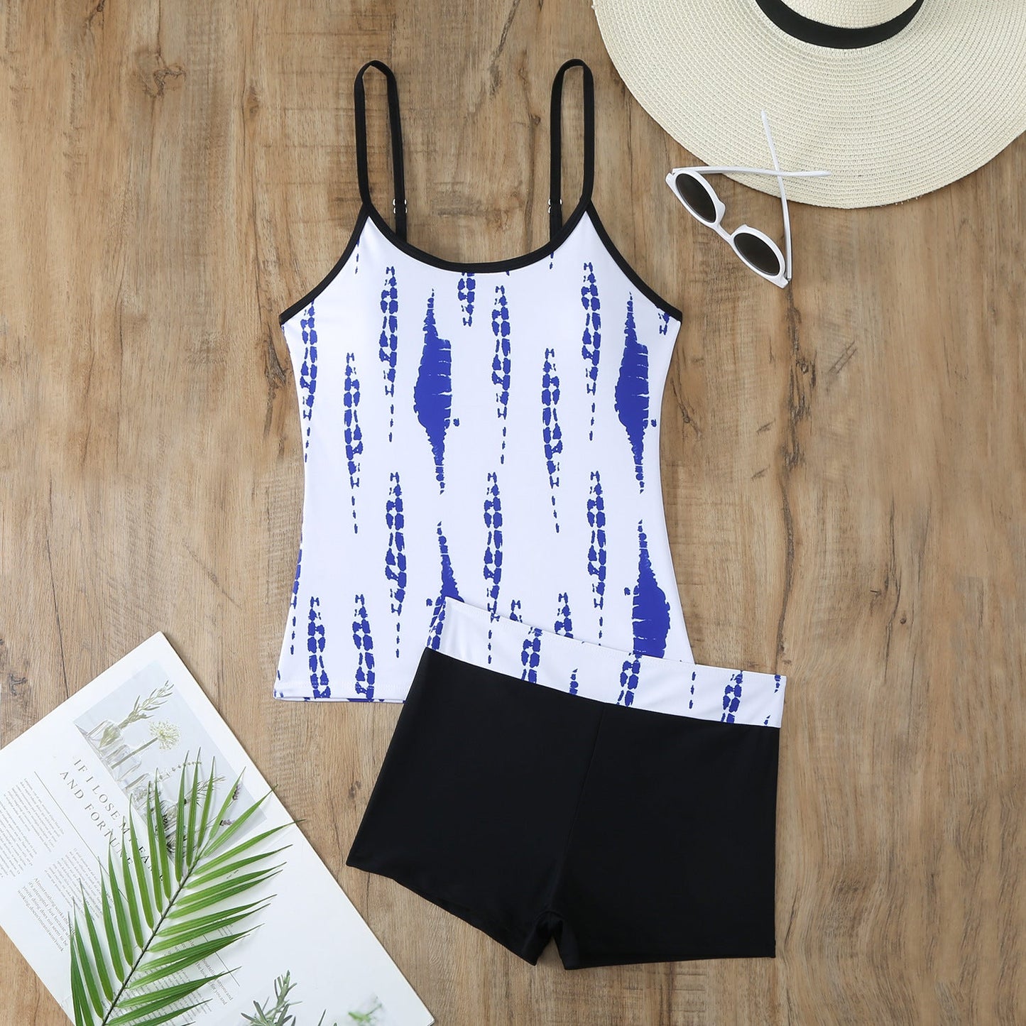 Ladies' Sporty Tankini Set with Fashionable Pattern and High-Waisted Shorts Ivyshape