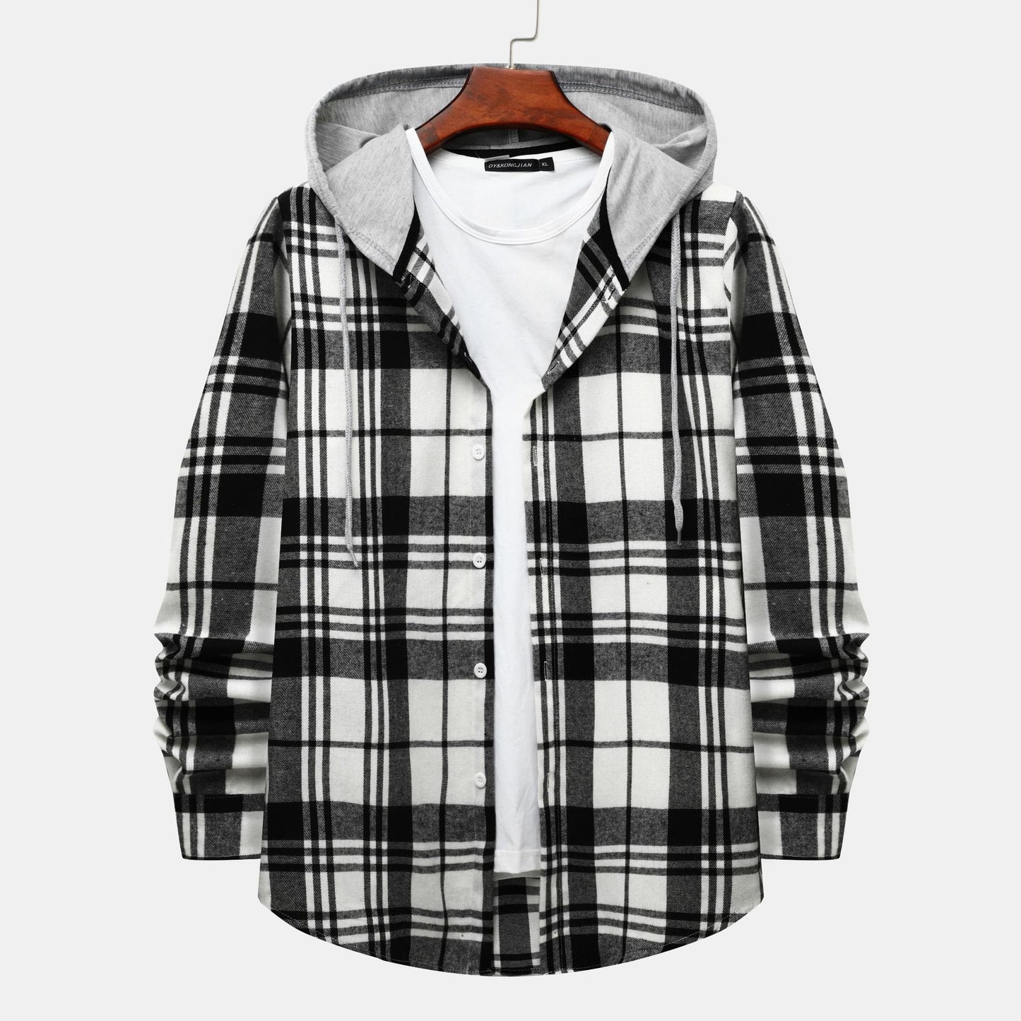 Men's check shirt jacket with integrated hood and stylish design Ivyshape