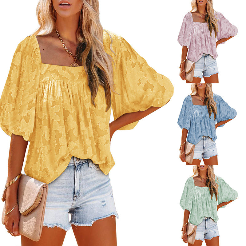 Women's Oversized Blouse Shirt with Balloon Sleeves and Subtle Pattern Ivyshape