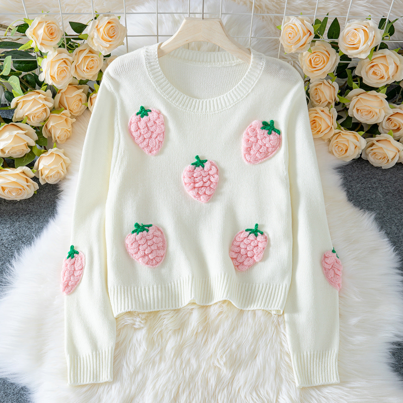 Women's knit sweater with strawberry appliqués and casual fit Ivyshape