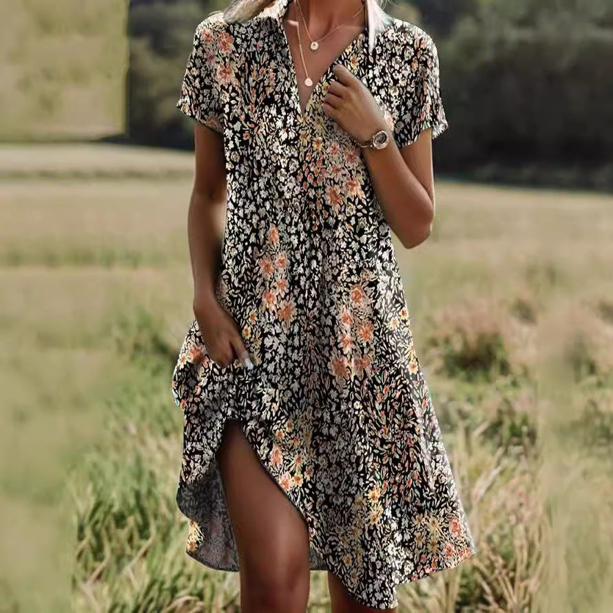 Women's Fresh Flower Shirt Dress with Button Closure and Casual Cut Ivyshape