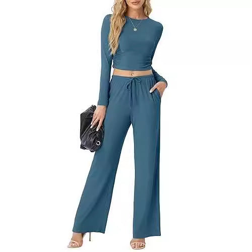 Ladies casual two-piece set with wide pants design Ivyshape