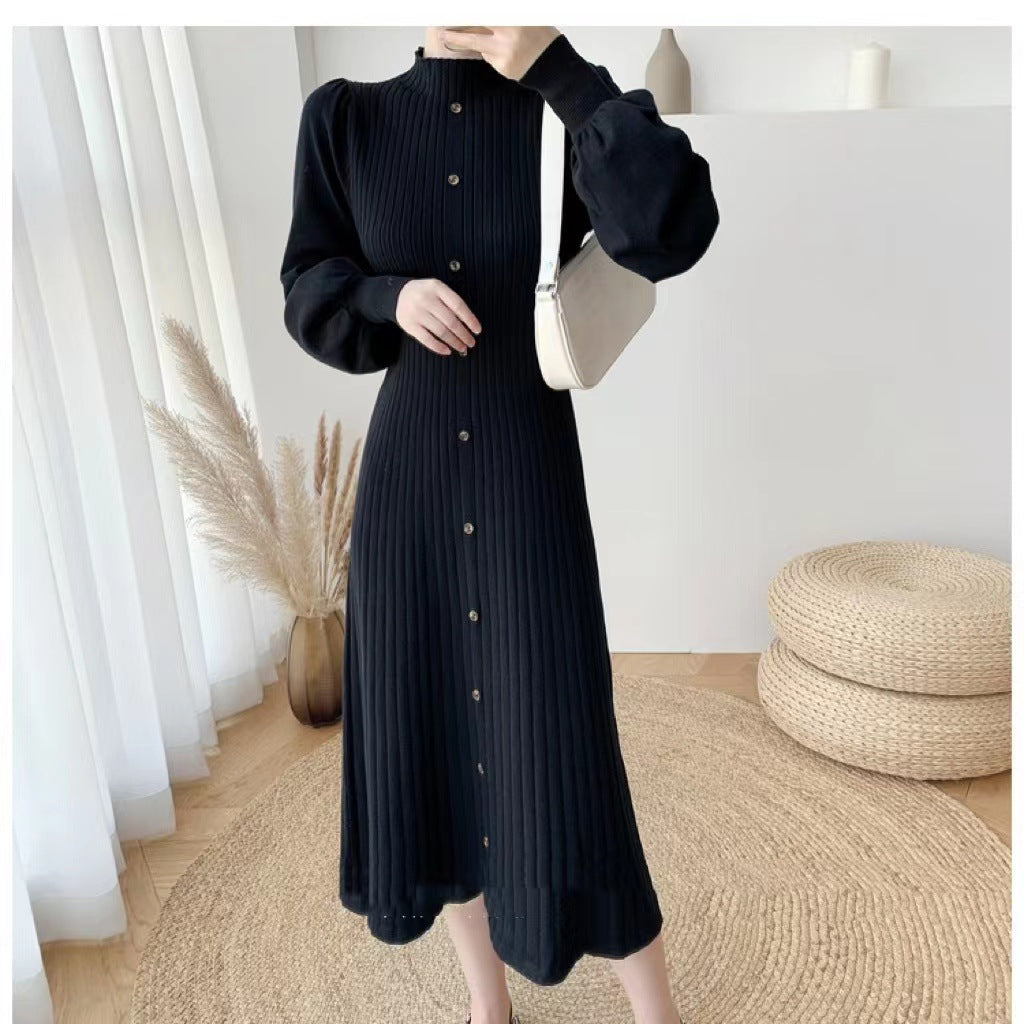Women Elegant, ribbed button dress with long sleeves Ivyshape
