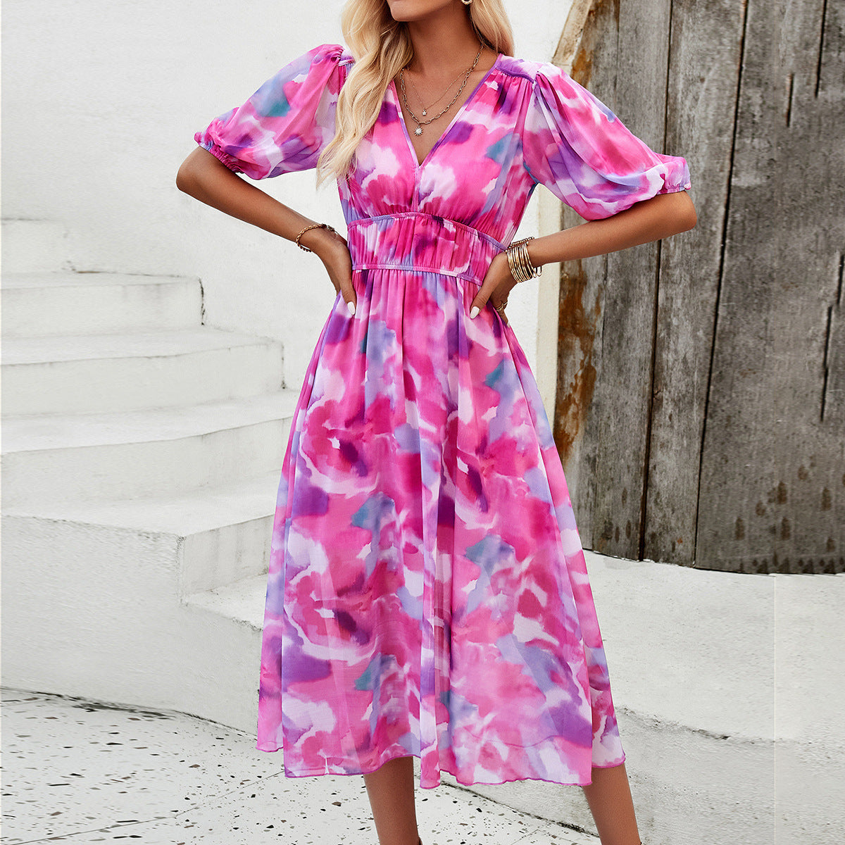 IvyShape | Flower Gathered Waist V-Neck Chiffon Long Dress