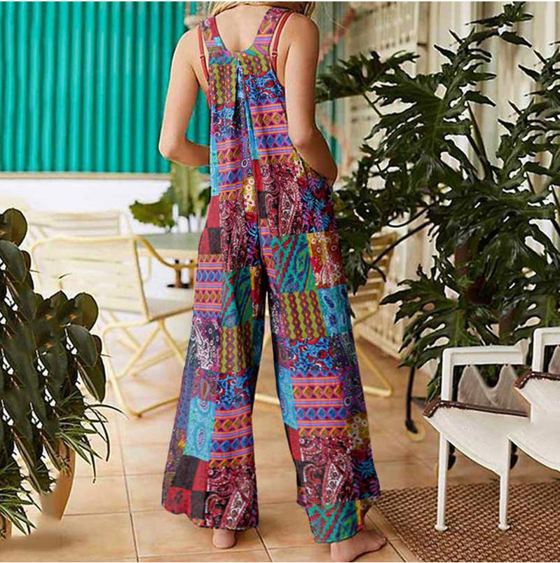 loose print side pocket strap jumpsuit