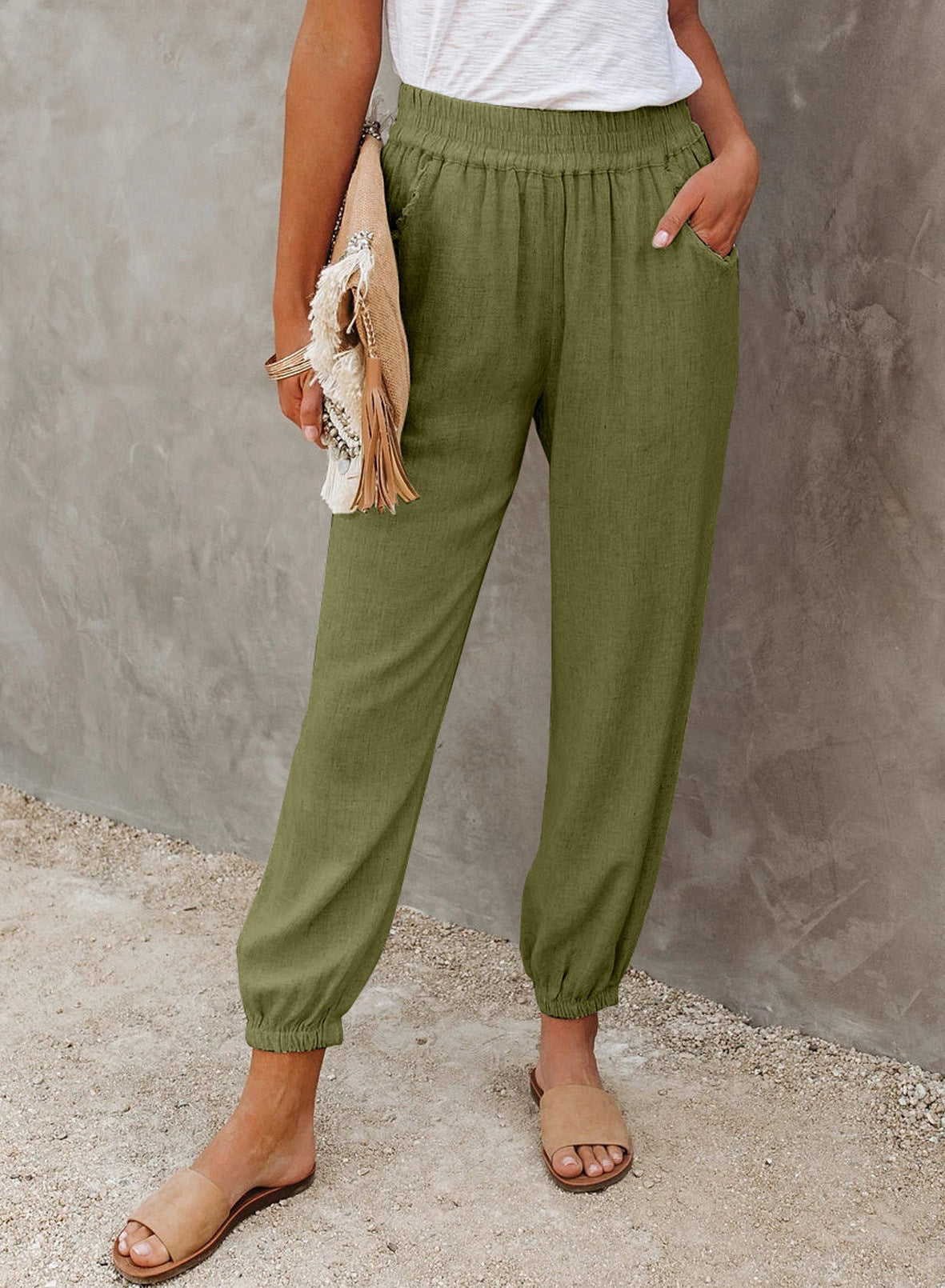 Women's casual linen pants with elastic waistband and drawstring Ivyshape