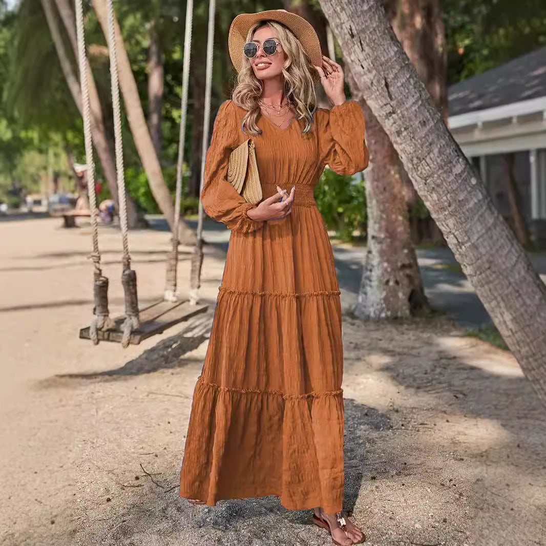 Women's maxi dress with swinging ruffle and smock-like waistband Ivyshape