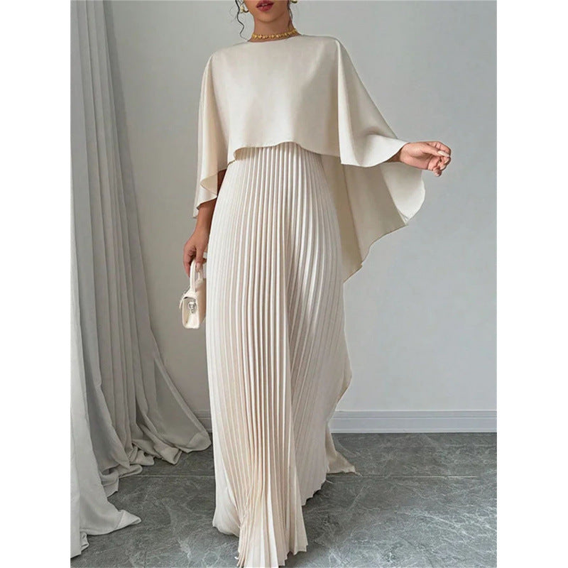 Elegant Women's Maxi Dress with Pleats and Cape Overlay Ivyshape