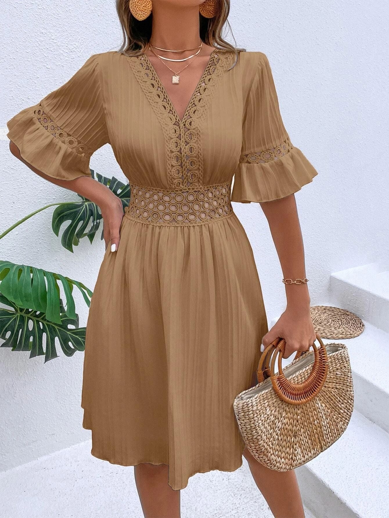 Women Elegant Midi Dress with Unusual V-Neck and Feminine Ruffle Detail Ivyshape