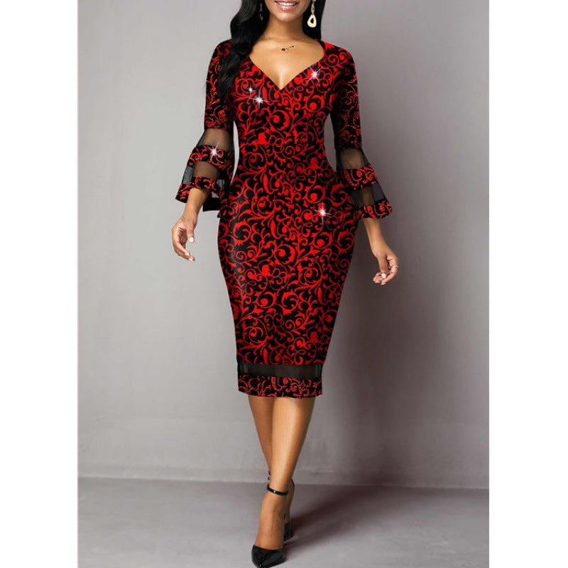 Women Elegant Sheath Dress with Sheer Trumpet Sleeves and Floral Pattern Ivyshape