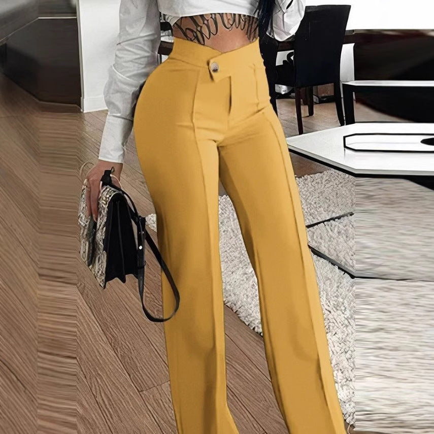 Women Elegant Wide Trousers with High-Waist Cut and Decorative Button Ivyshape