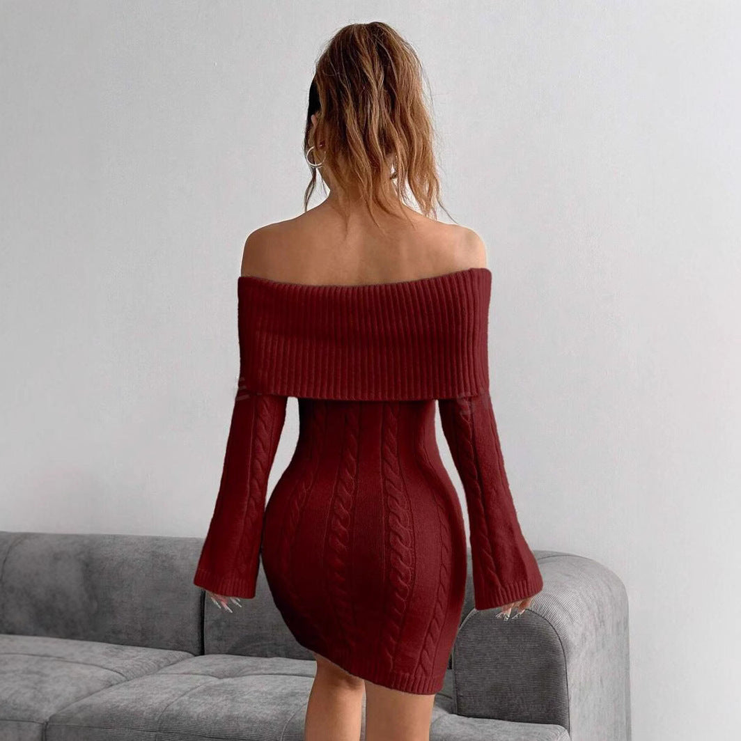 Women figure-hugging knitted dress with wide neckline Ivyshape