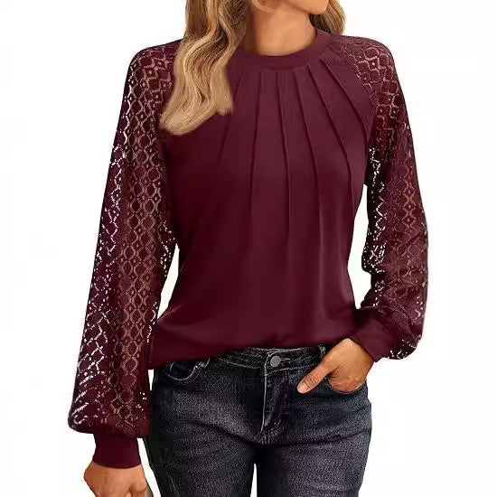 Women Elegant Top with Decorative Lace Sleeves and Gathered Detail Ivyshape