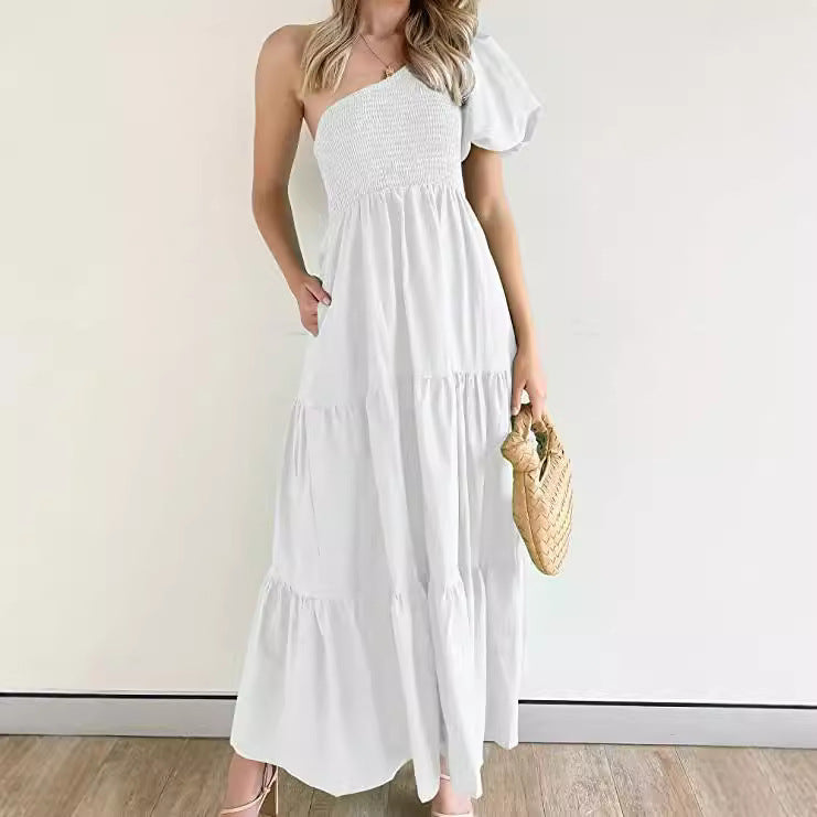 IvyShape | Romantic One-Shoulder Puff Sleeve Beach Dress