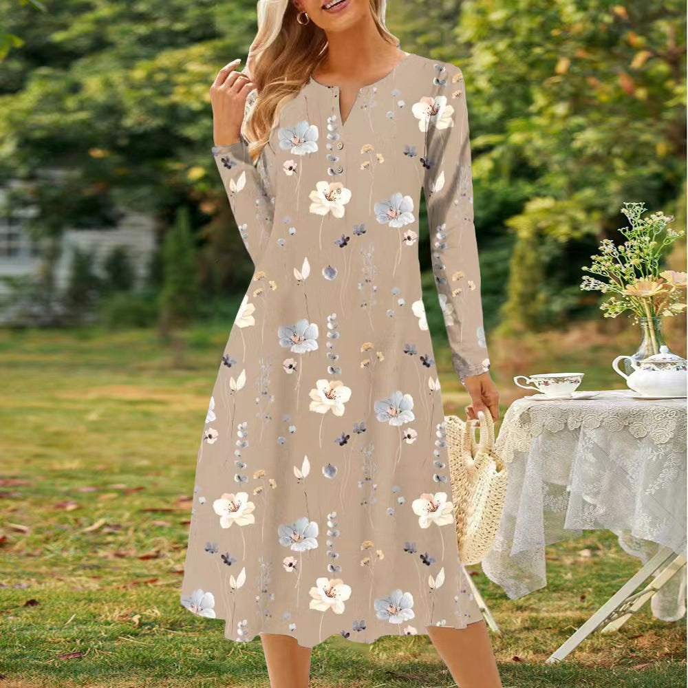 IvyShape | Printed V-Neck Button Long Sleeve Dress