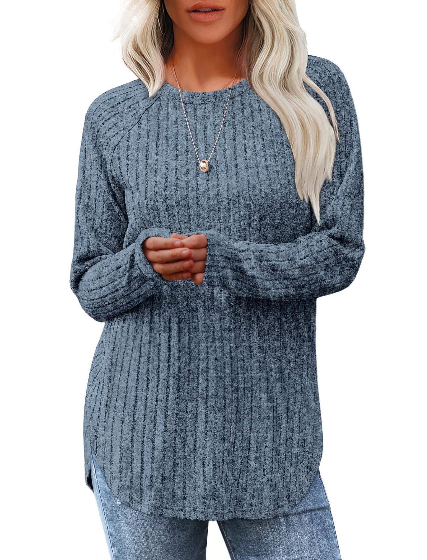 Women casual long sleeve sweater with textured rib design Ivyshape