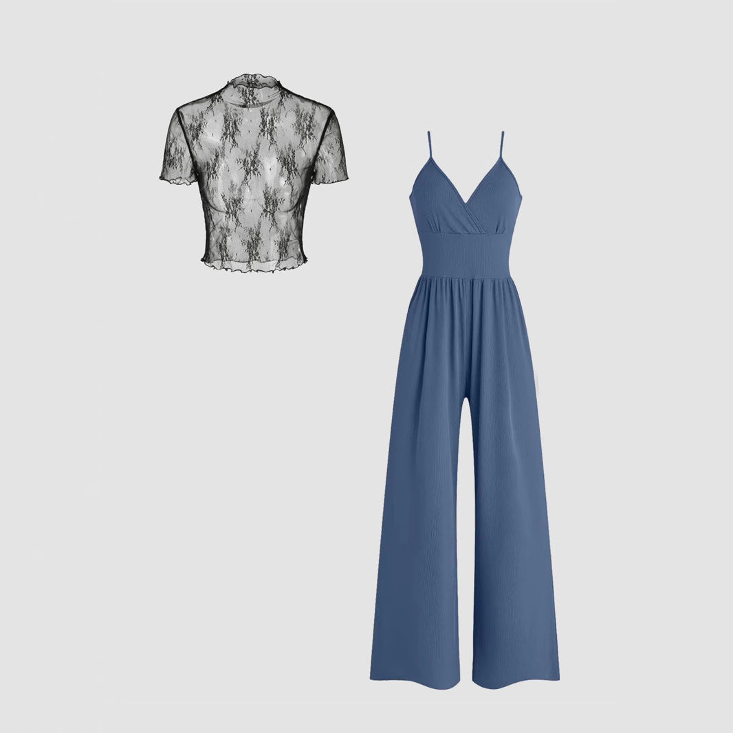 Women elegant V-neck jumpsuit with transparent blouse Ivyshape