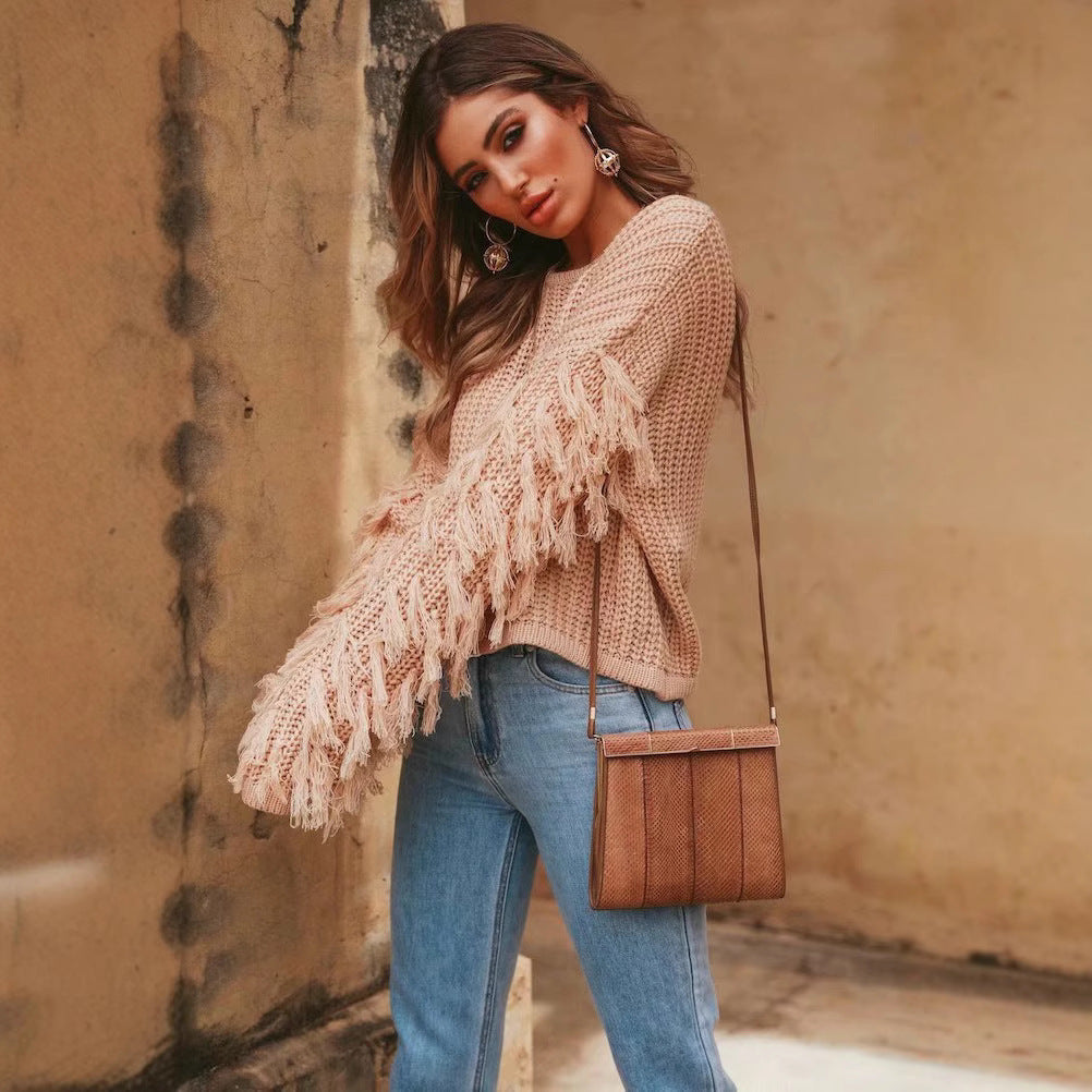 Women's fashionable knit sweater with fringed sleeves and special textured pattern Ivyshape