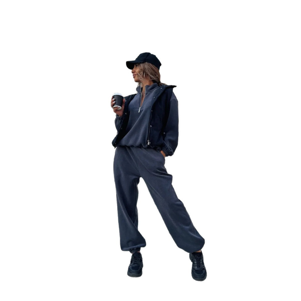 Women's sporty fleece tracksuit with half zip and elastic cuffs Ivyshape