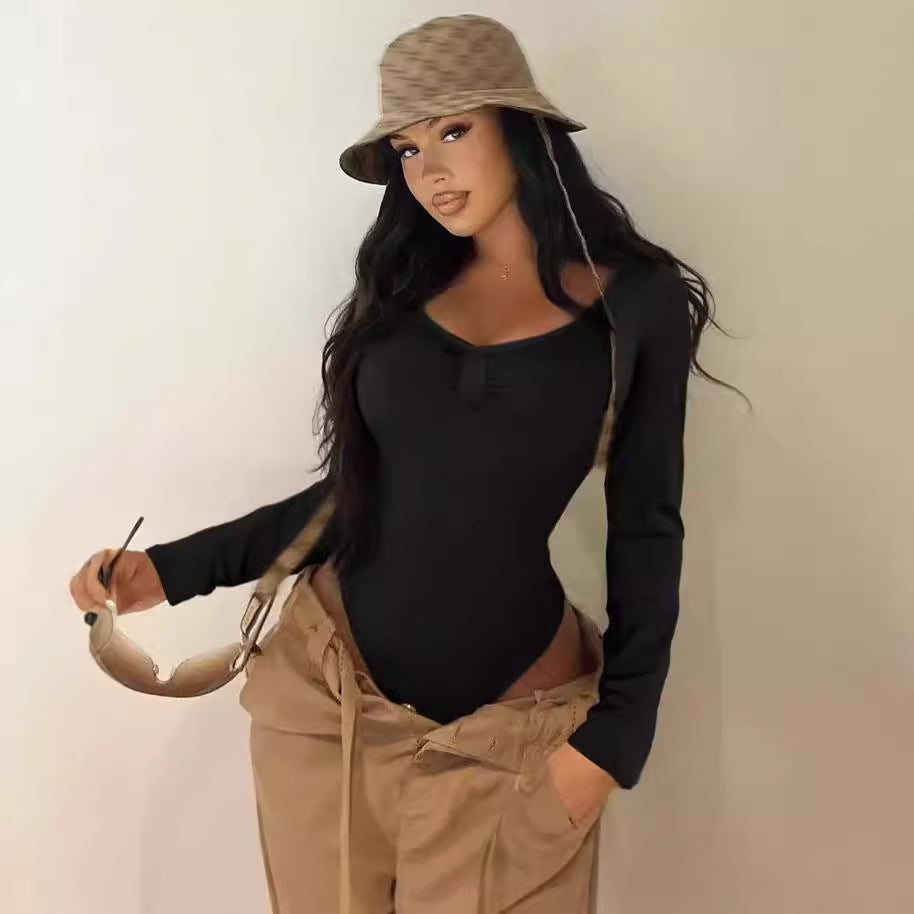 Women Elegant shaped long sleeve bodysuit with ruffle details Ivyshape