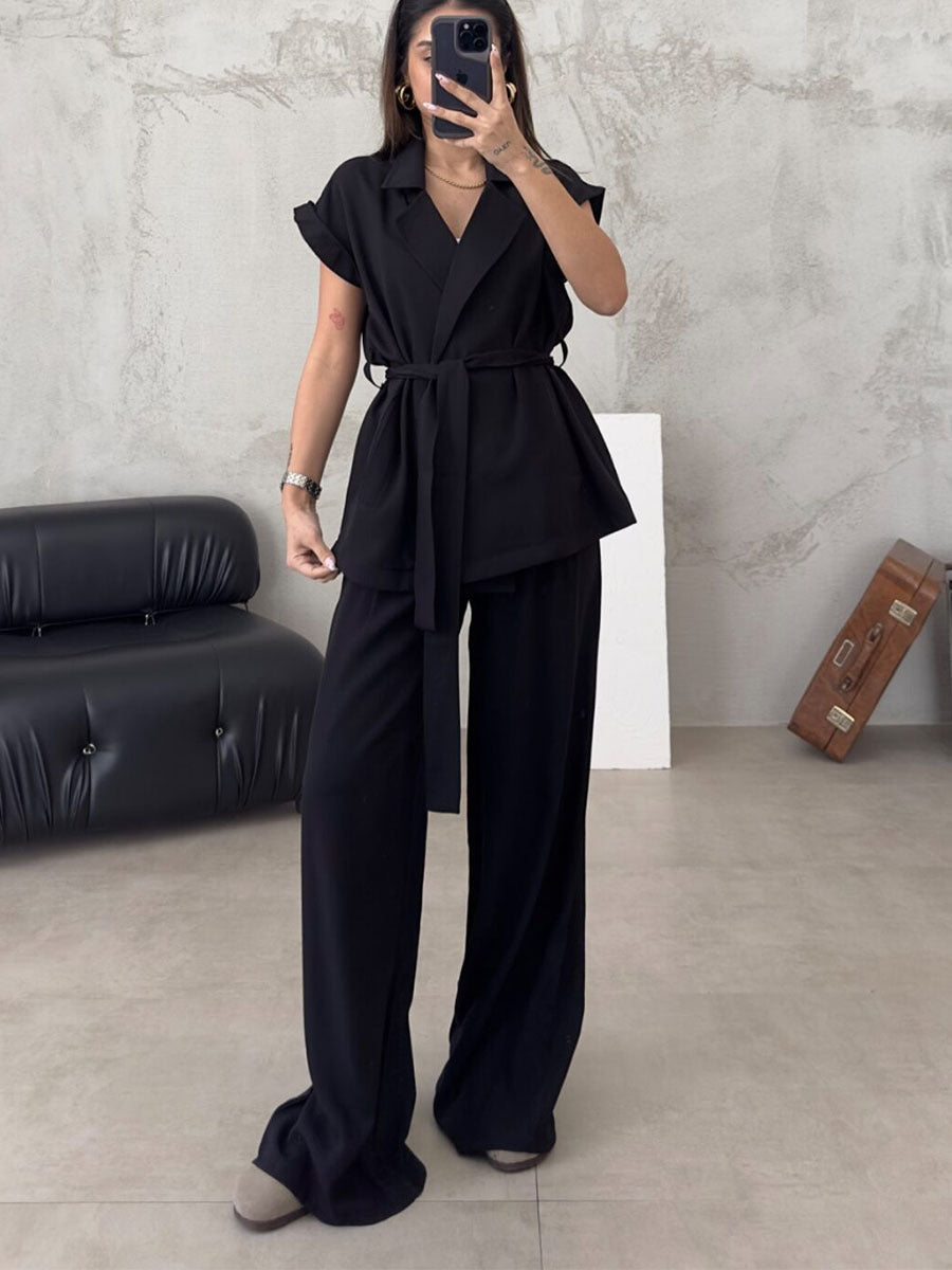 Women's tailored wrap top and wide leg pants set Ivyshape