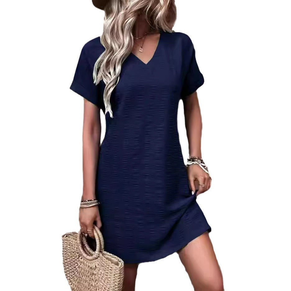 Women's V-neck Casual Linen Dress with Short Sleeves Ivyshape