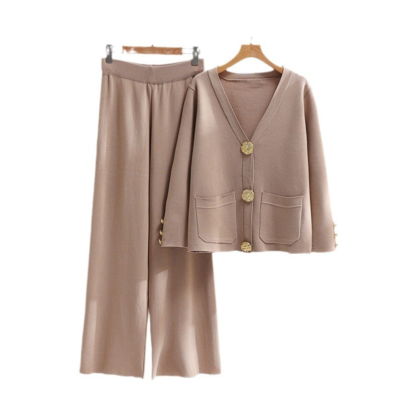 IvyShape | Golden Buckle Sweater and Wide Leg Pants Set