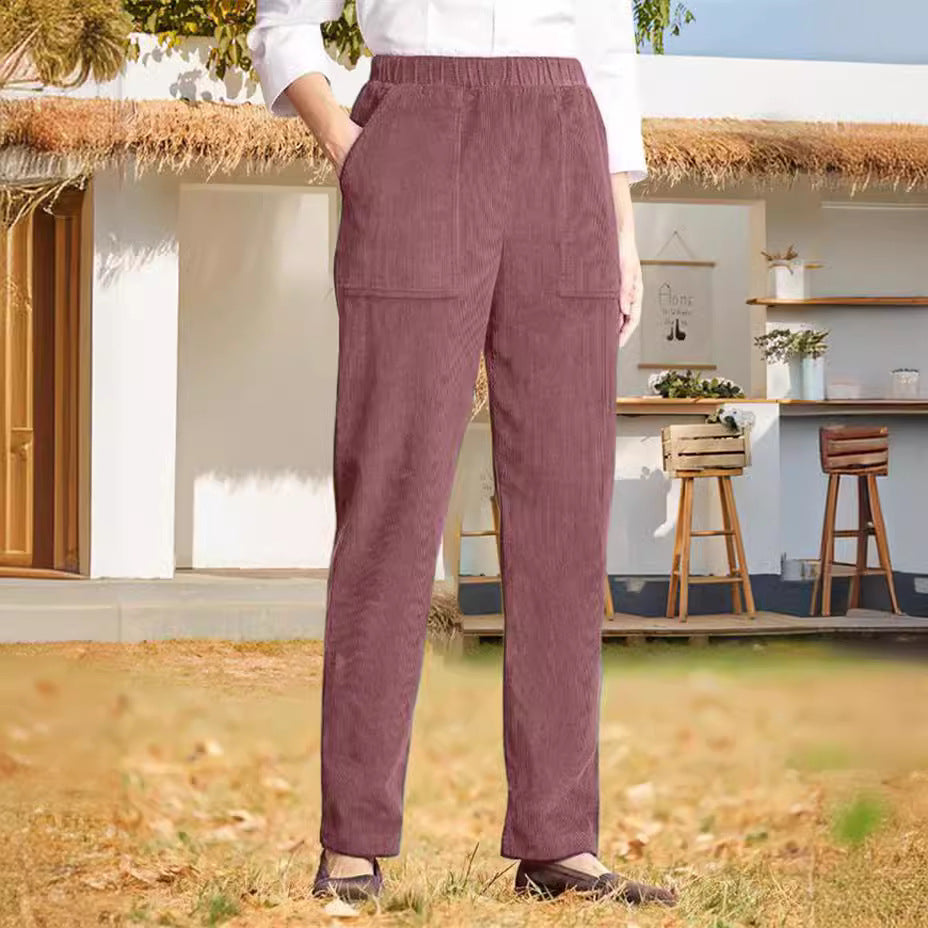 Women's corduroy pants with elastic waistband and practical pockets Ivyshape