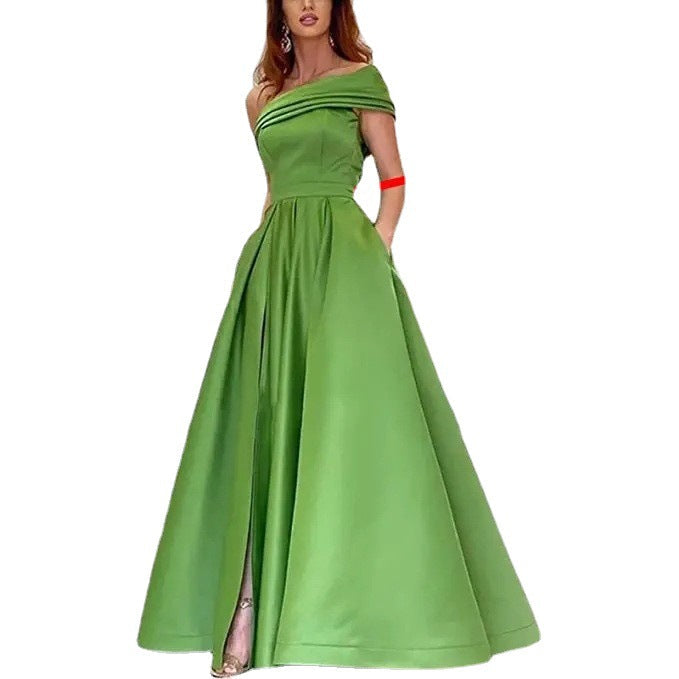 IvyShape | Sexy One-Shoulder Satin Green High-Slit Dress