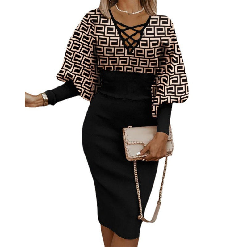 Women's Midi Dress with Geometric Print and Puff Sleeves Ivyshape
