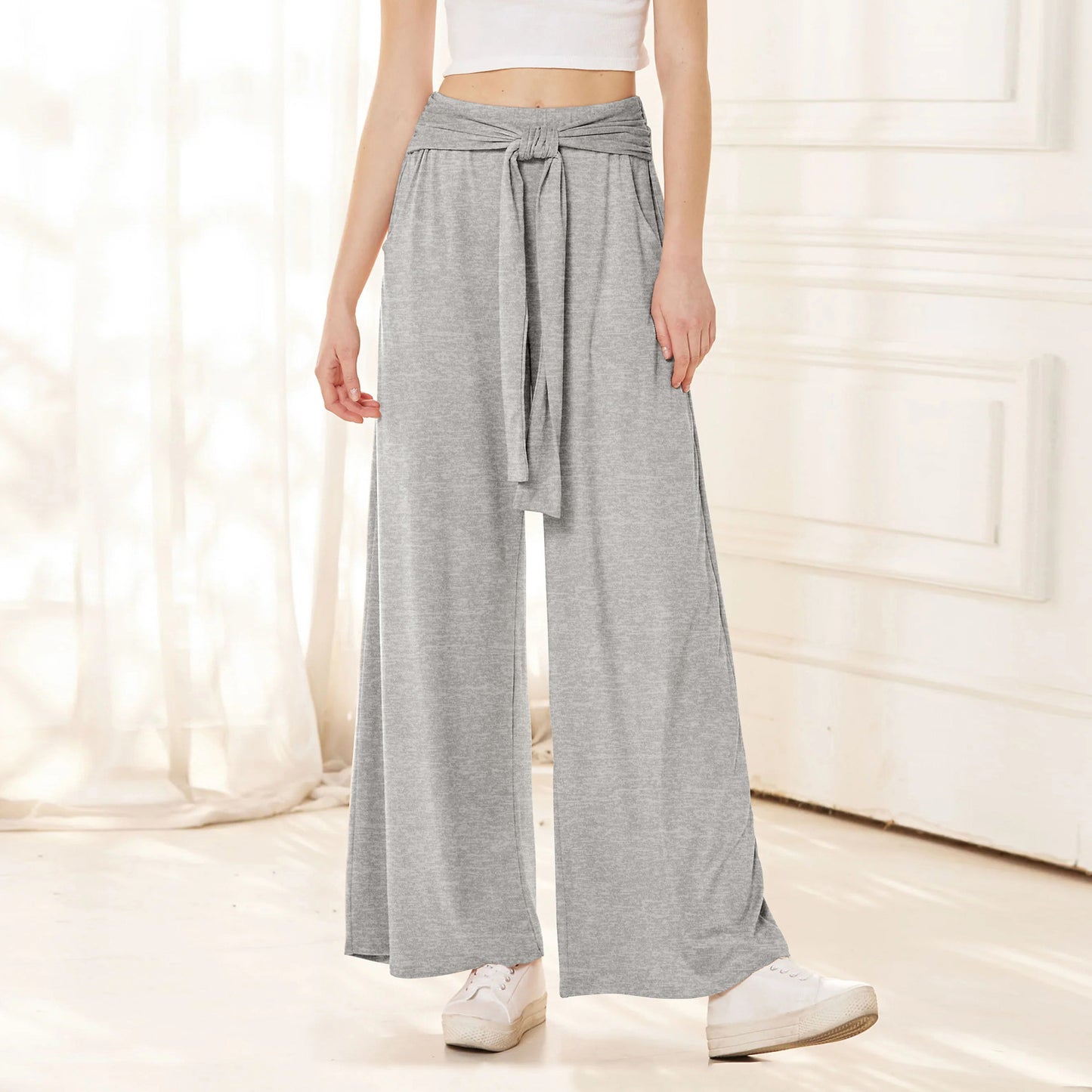 Ladies wide-cut summer pants with high-quality waistband and elegant bow detail Ivyshape