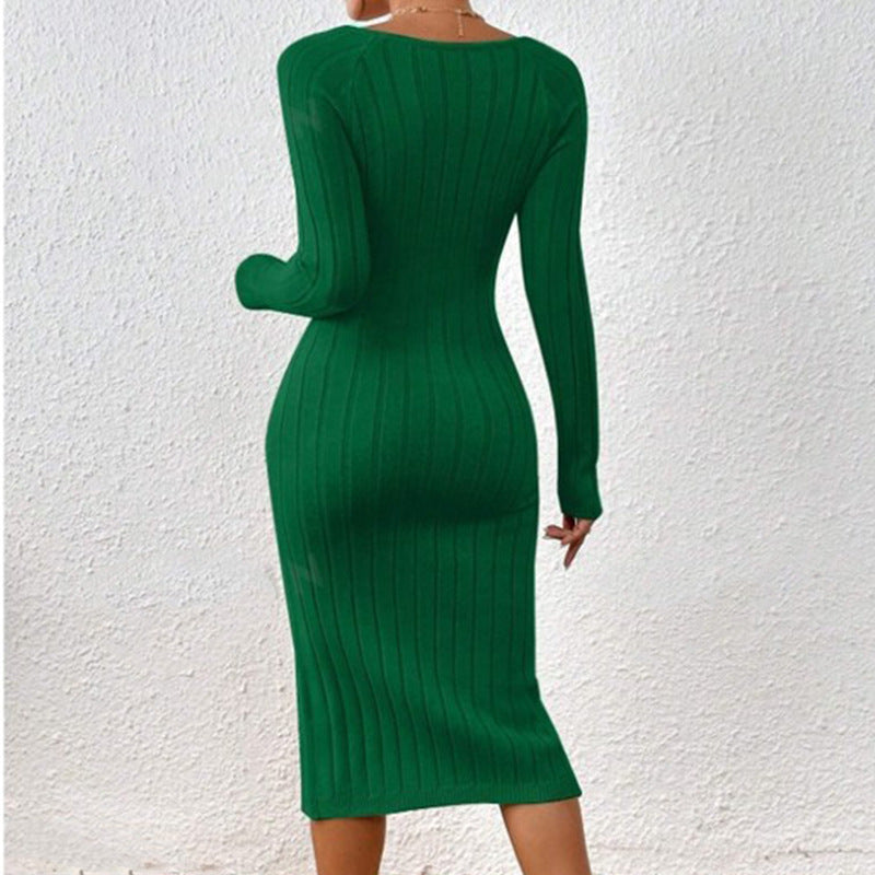 IvyShape | Round Neck Split Knit Long Dress