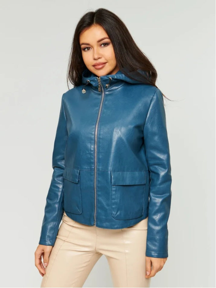 Women Faux Leather Jacket with Attached Hoodie and Practical Pockets Ivyshape
