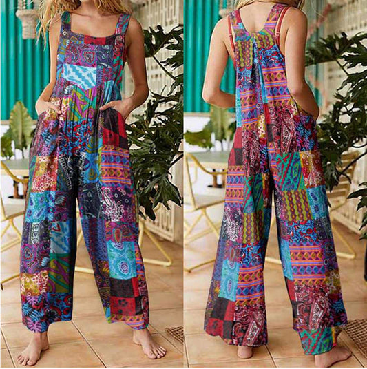 loose print side pocket strap jumpsuit