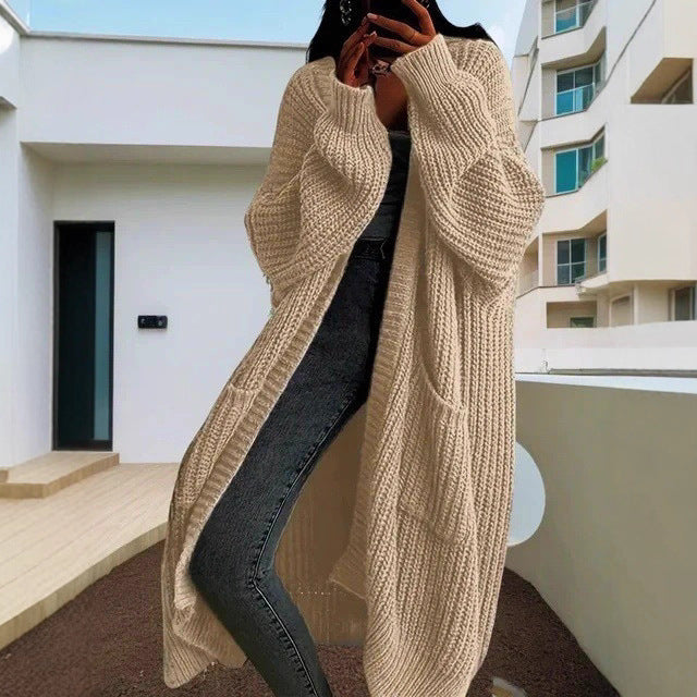 Women's Long Knit Cardigan with Side Pockets and Casual Cut Ivyshape
