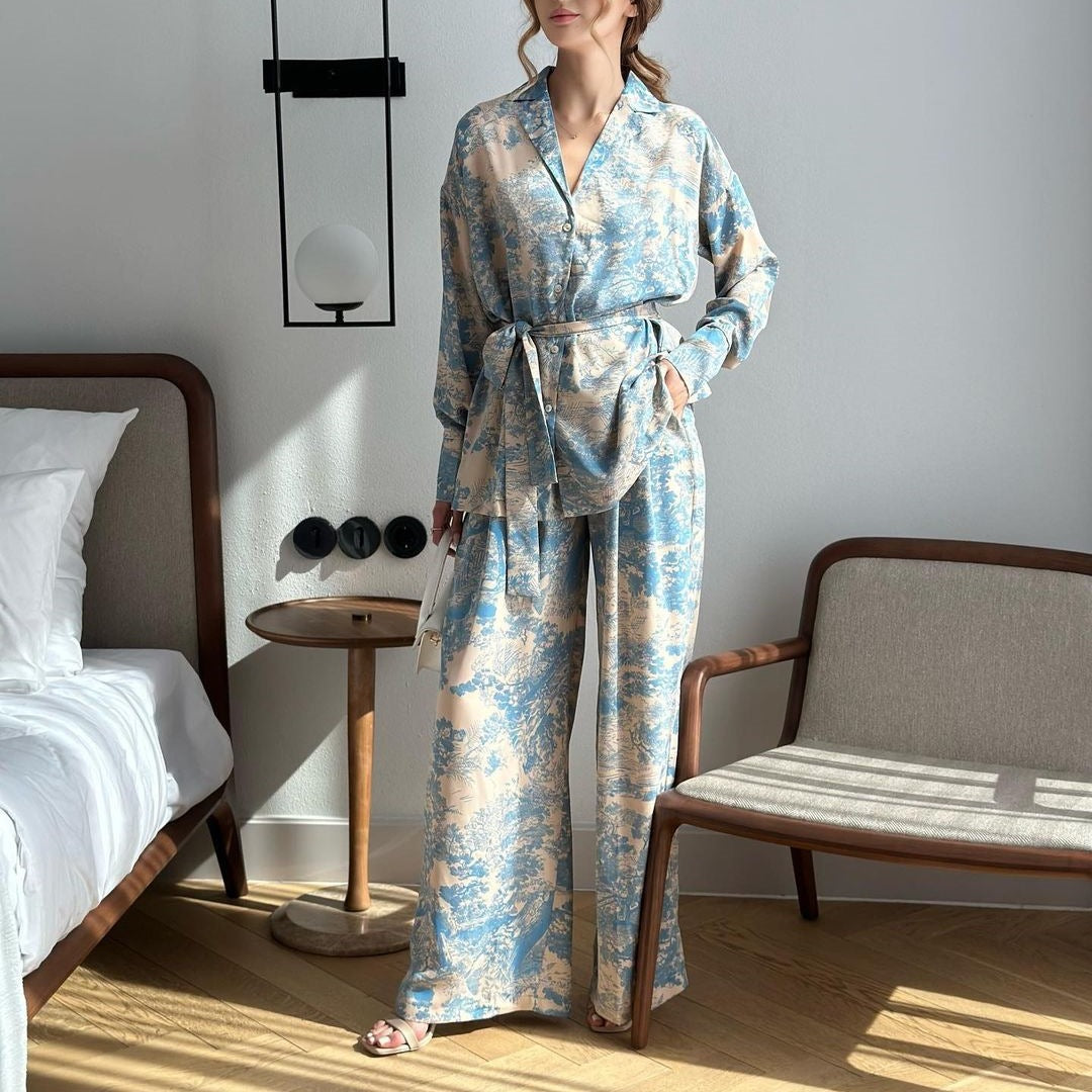 IvyShape | Printed Tie Long Sleeve Shirt Wide Leg Pants Suit