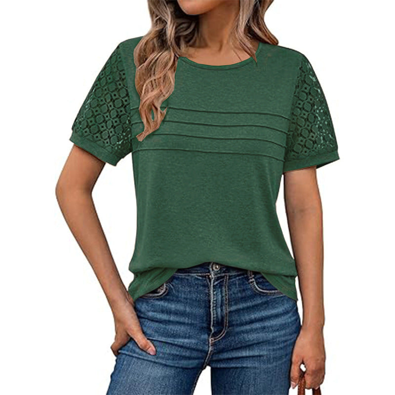 Ladies airy T-shirt with attractive crochet sleeves Ivyshape