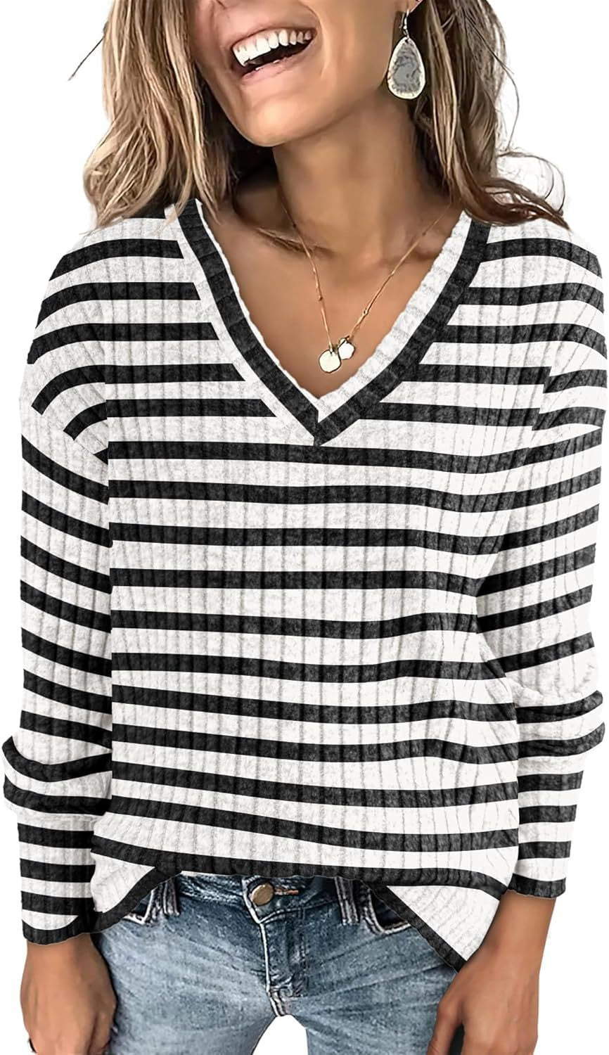 Ivyshape | Striped V-Neck Sweater