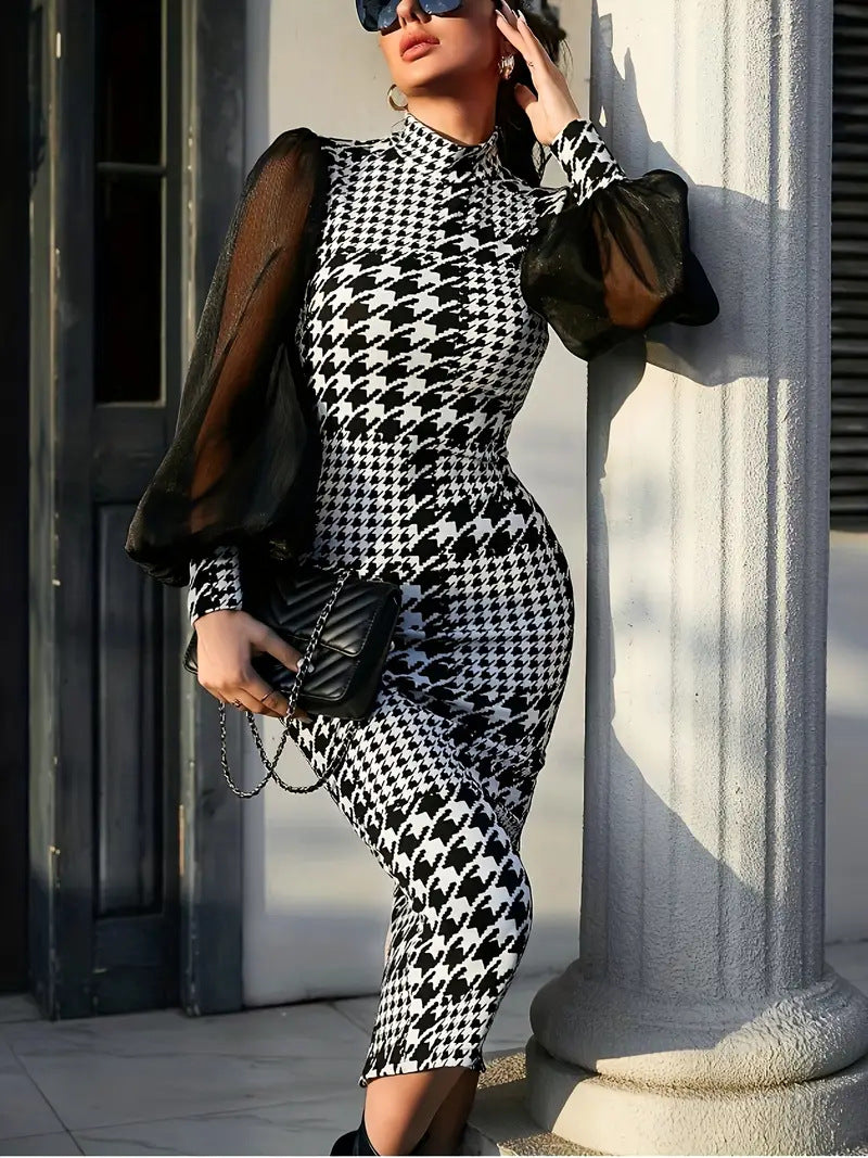 Women's Elegant Jumpsuit with Transparent Puff Sleeves and Houndstooth Pattern Ivyshape