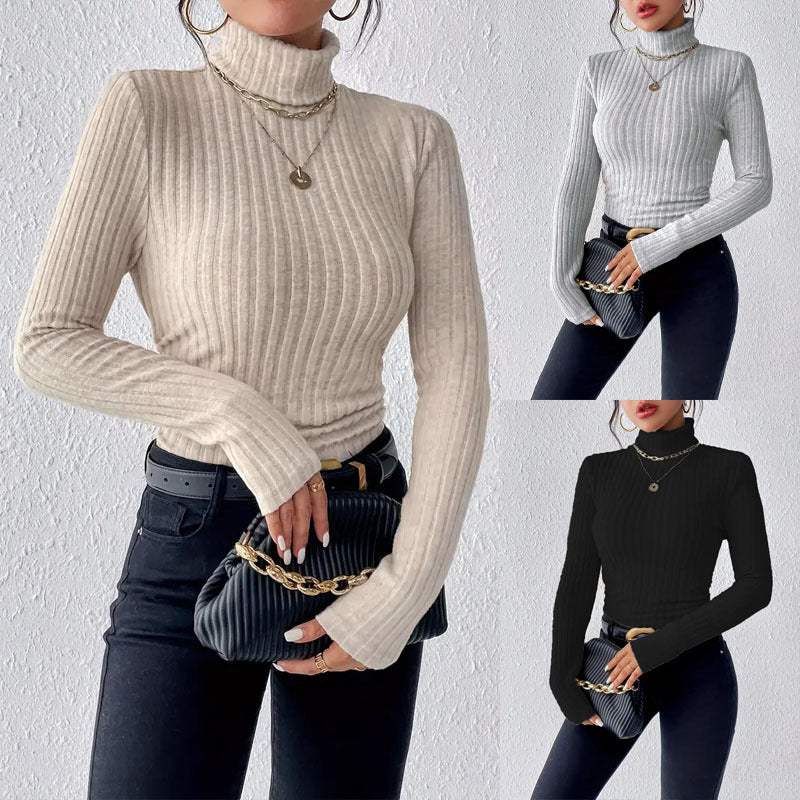 Women's Long Sleeve Turtleneck Sweater in Fine Rib Knit Ivyshape