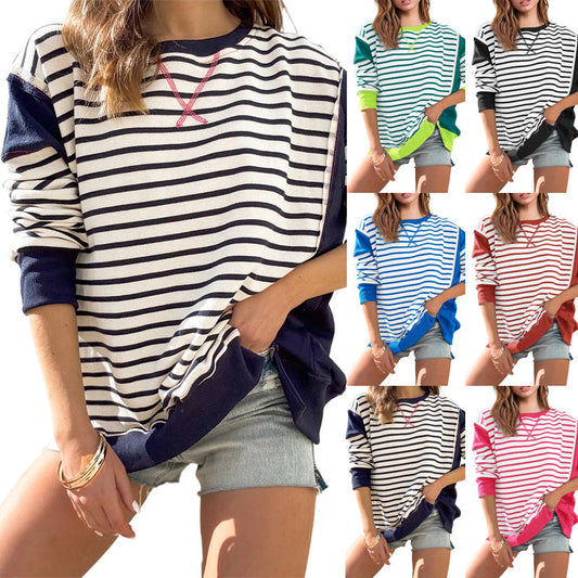 IvyShape | Striped Contrast Neck Sweatshirt Long Sleeve T-Shirt