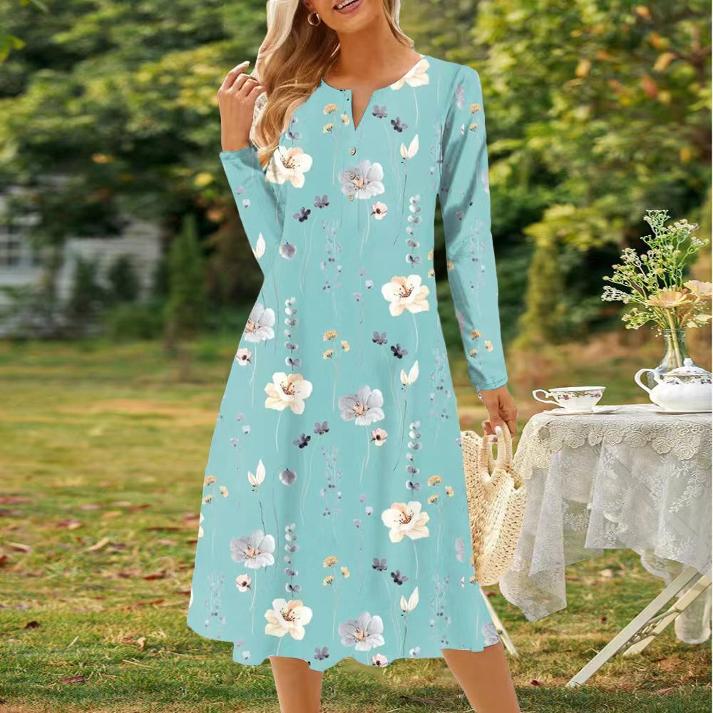 IvyShape | Printed V-Neck Button Long Sleeve Dress