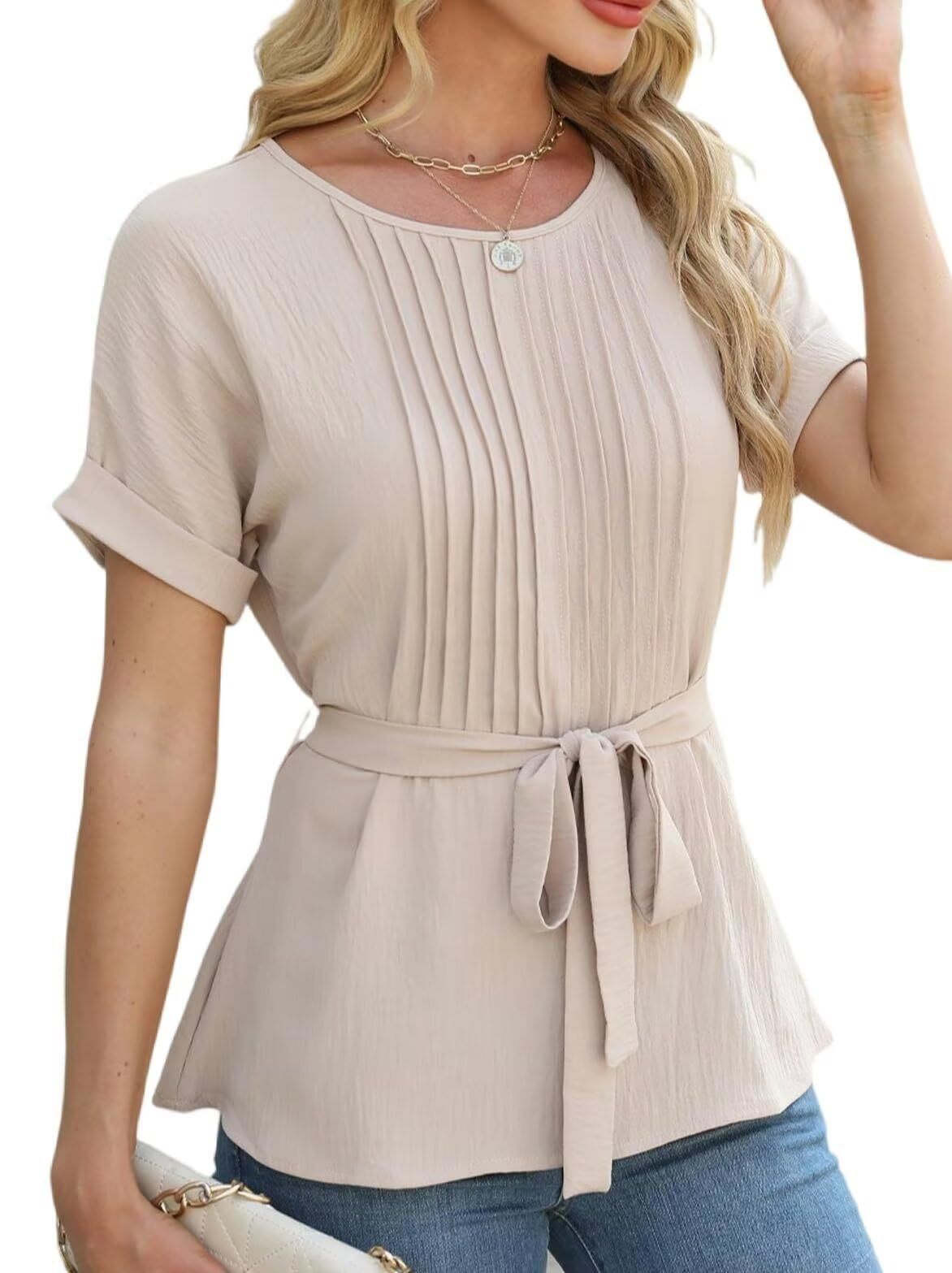 Ladies elegant shirt with pleated details and fitted belt Ivyshape