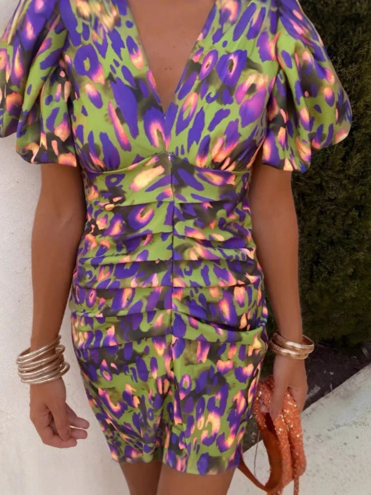 Women Figure-hugging Midnight Dress with Puff Sleeves and V-neck Ivyshape