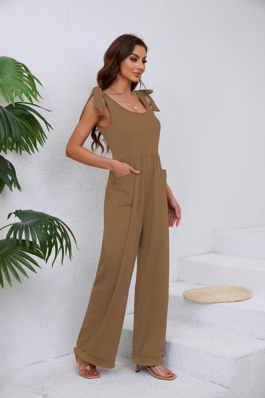 Ladies Elegant Jumpsuit with Adjustable Straps and Wide Leg Ivyshape