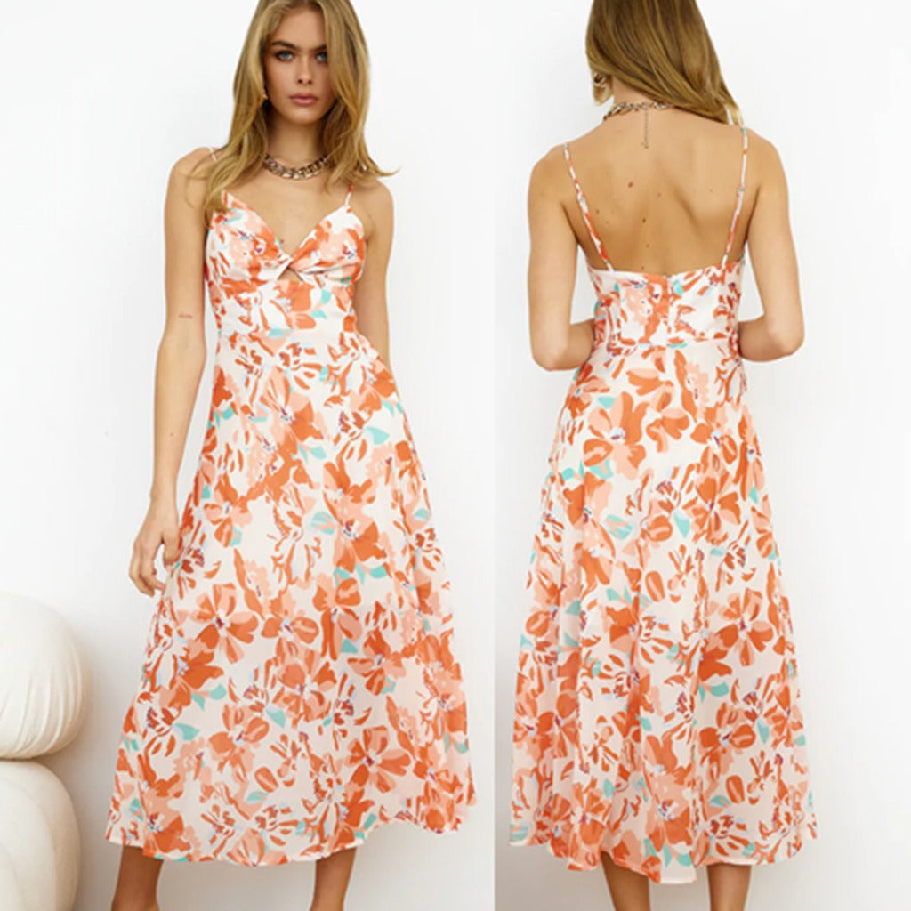 IvyShape | Printed Knotted Strap Backless Long Dress