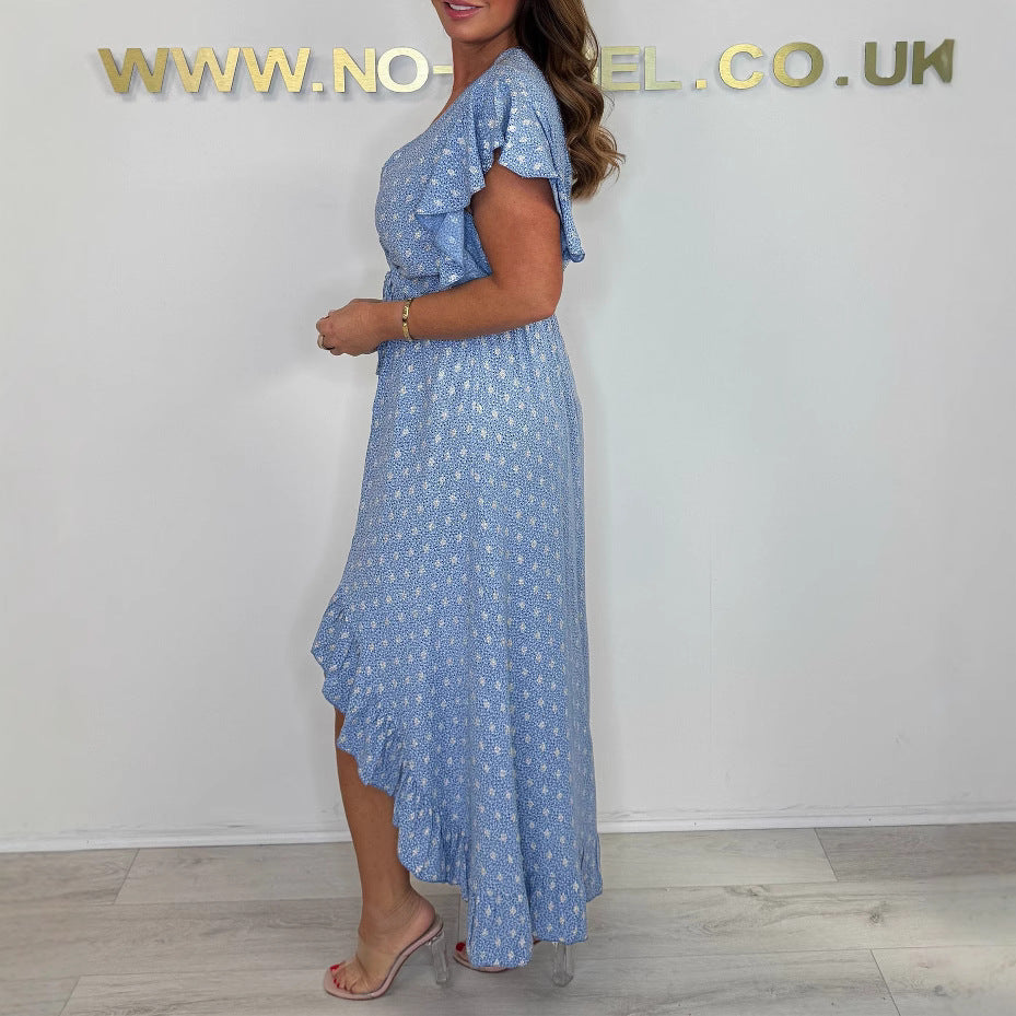 Women High-Low Ruffle Shirt Wrap Dress Ivyshape