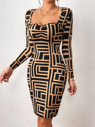 Women's Fitted Long Sleeve Dress with Geometric Pattern and Creative Neckline Ivyshape
