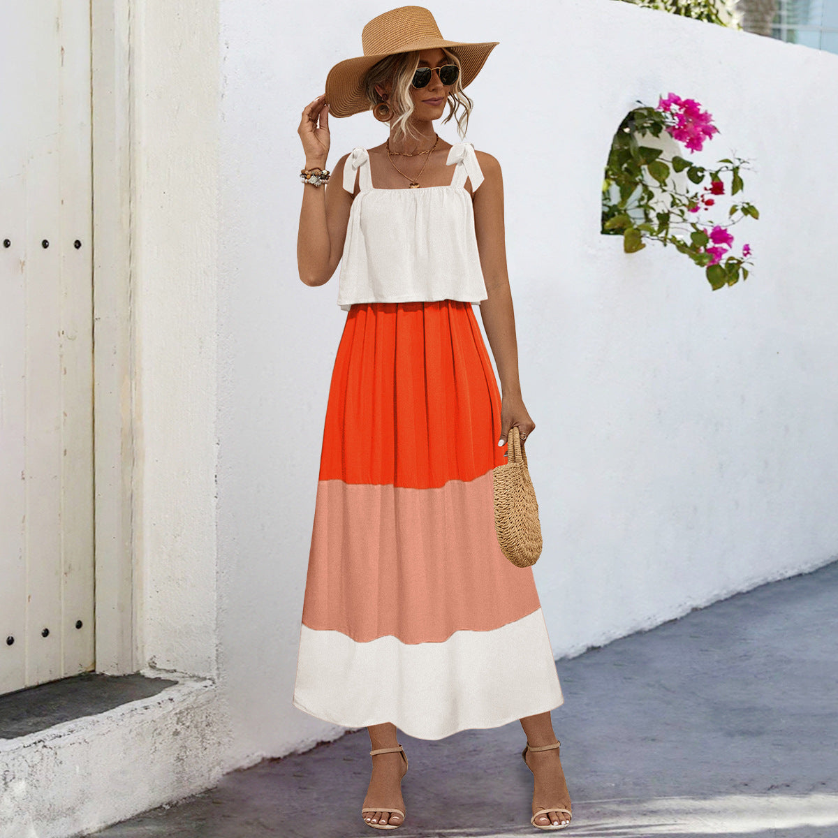 Ladies summer maxi dress with playful bandeau top and flowing skirt Ivyshape