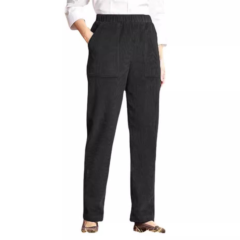 Women's corduroy pants with elastic waistband and practical pockets Ivyshape